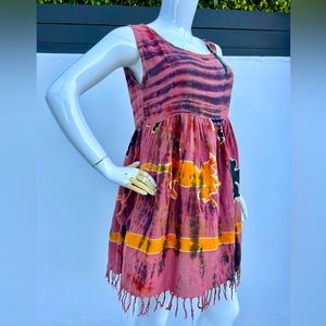 80s/90s Dark Coral Hawaiian Tie Dye Tassel Dress